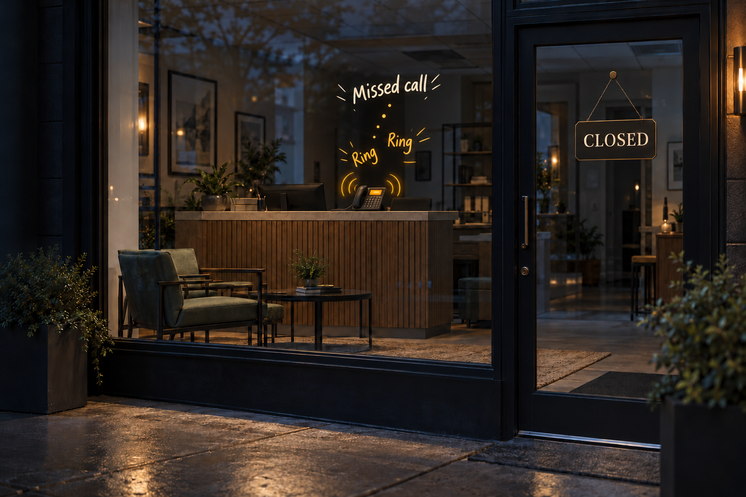 A business after closing time, seen from the pavement. The lights are low and a CLOSED sign hangs on the door, while the phone on the empty reception desk rings, with handwritten marks reading Ring, Ring rising to the words Missed call.