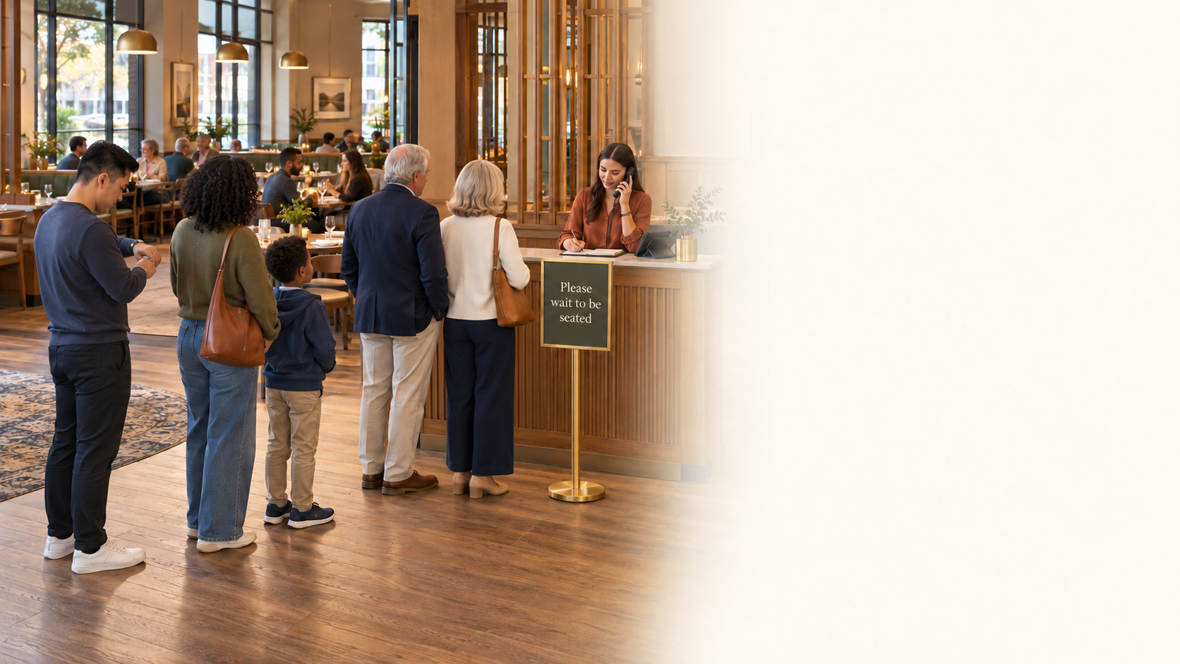 A queue of waiting customers stands behind a Please wait to be seated sign while the restaurant host takes a phone call at the front counter, writing in the reservations book, with a full dining room behind her.