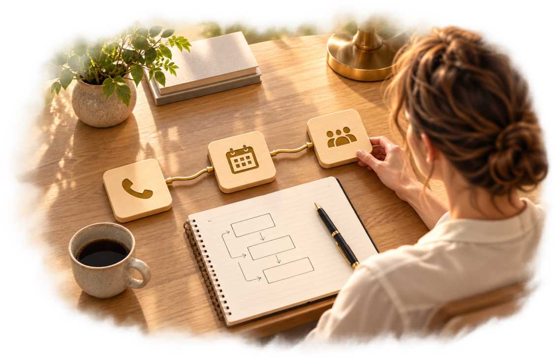 An overhead view of a desk where someone arranges three wooden tiles — a phone, a calendar and a group of people — connected in a row beside a notebook sketch of a workflow.