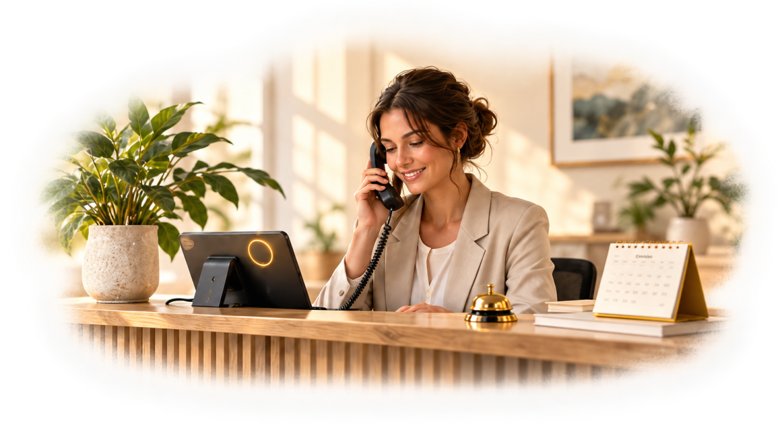 A receptionist at a sunlit front desk smiles while taking a call on a handset, with a tablet, a brass call bell and a desk calendar on the counter beside her.